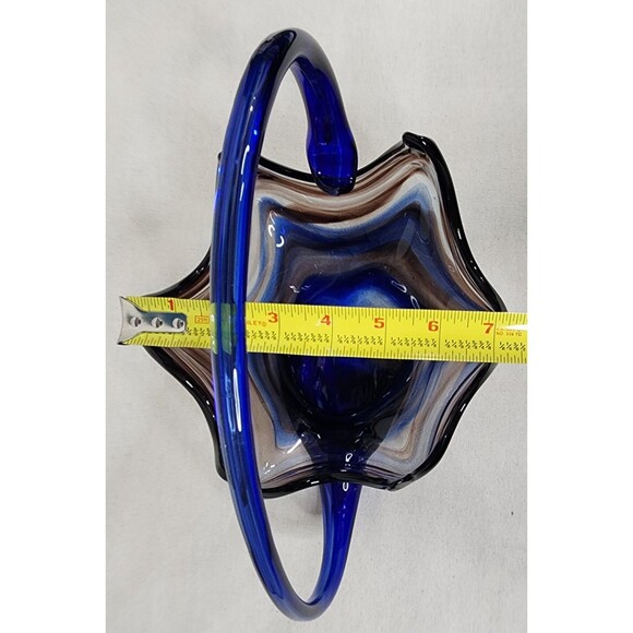 Vintage Sooner Ozark Art Glass Basket | Blue & Brown Swirl Hand-Blown | USA - Picture 13 of 15